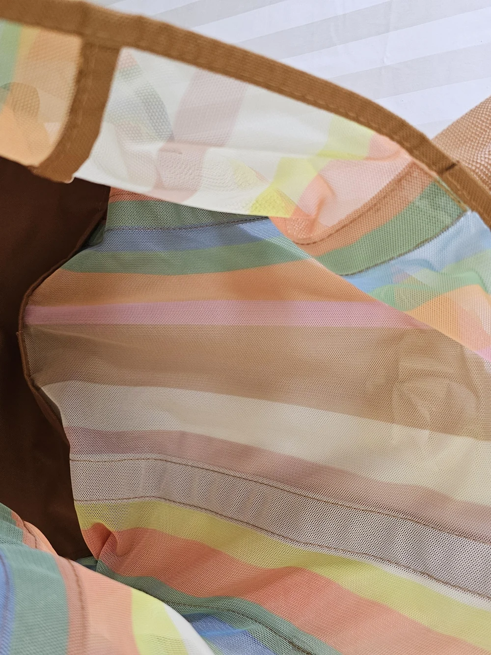 Striped Multicolor Beach Tote Bag with Brown Straps